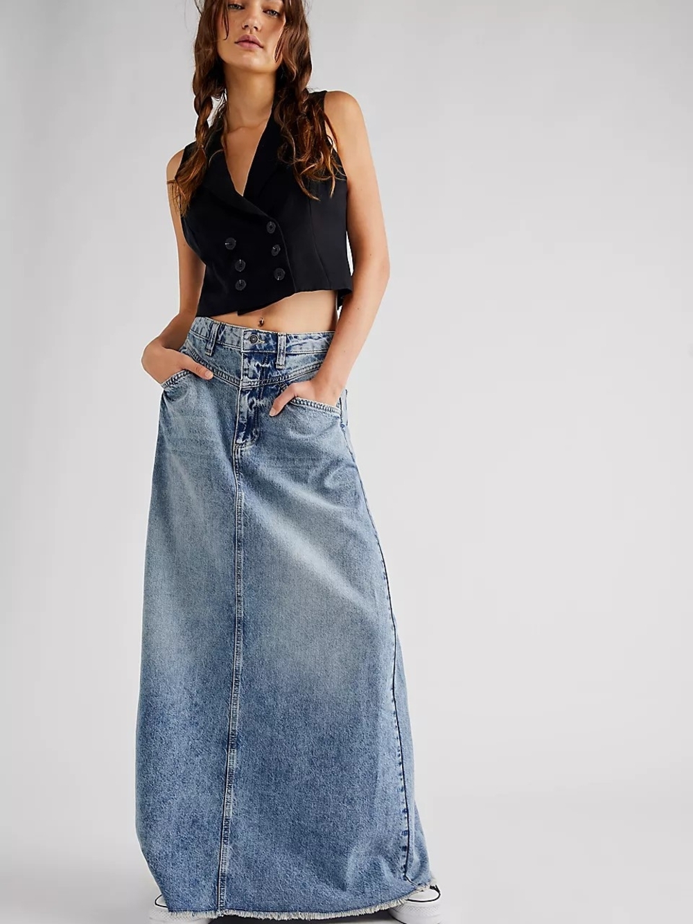 We The Free Light Blue Denim Maxi Skirt